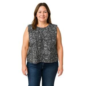 Nine West Women's Sleeveless Blouse XL Black White Abstract Gold Chain Detail